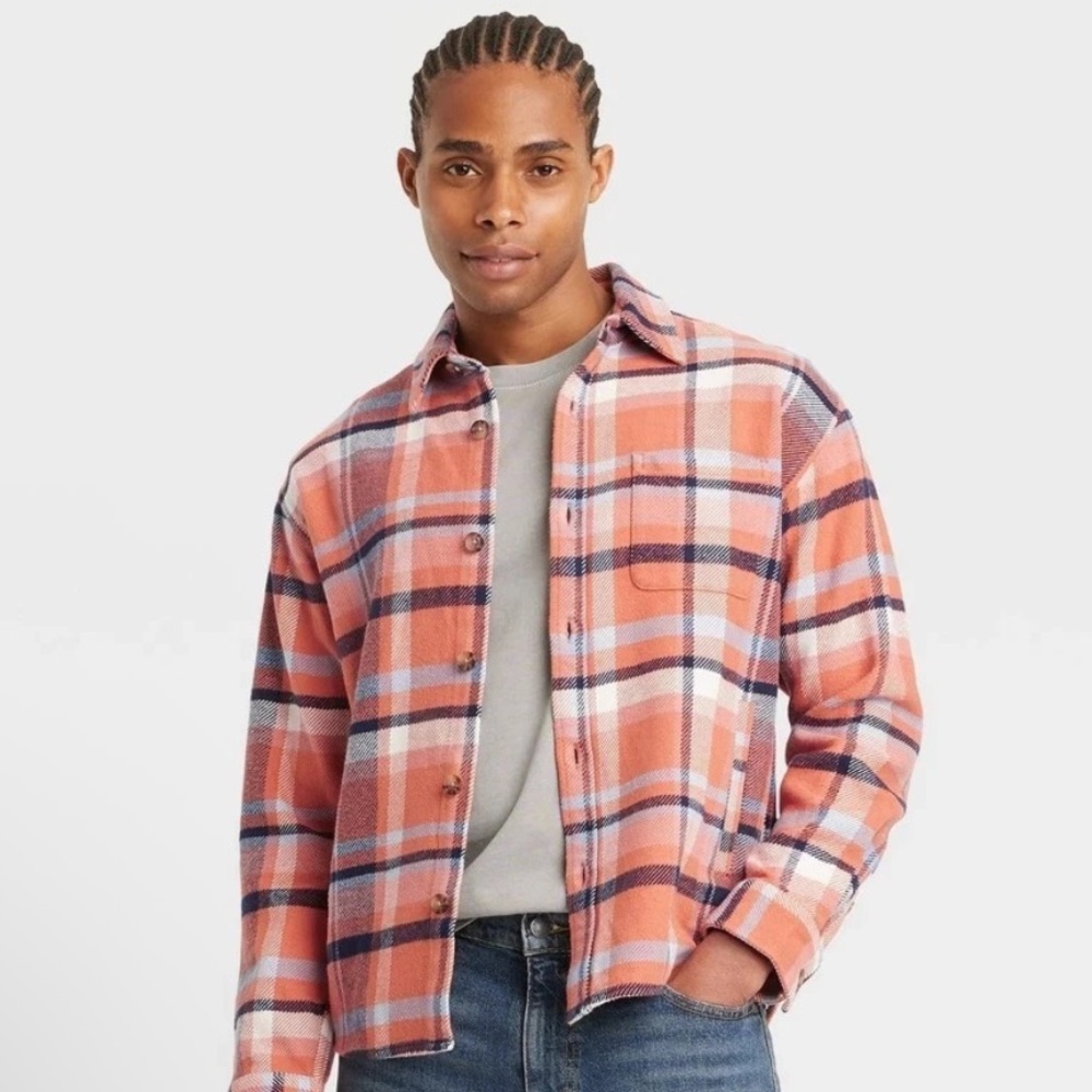 Unisex L Goodfellow NWT Orange LIGHT Blue PLAID heavy POCKETS flannel shacket